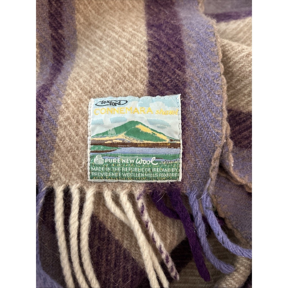 Foxford Connemara Shawl Pure New Wool Plaid Fringe Wrap Ireland Purple Tan 58X70